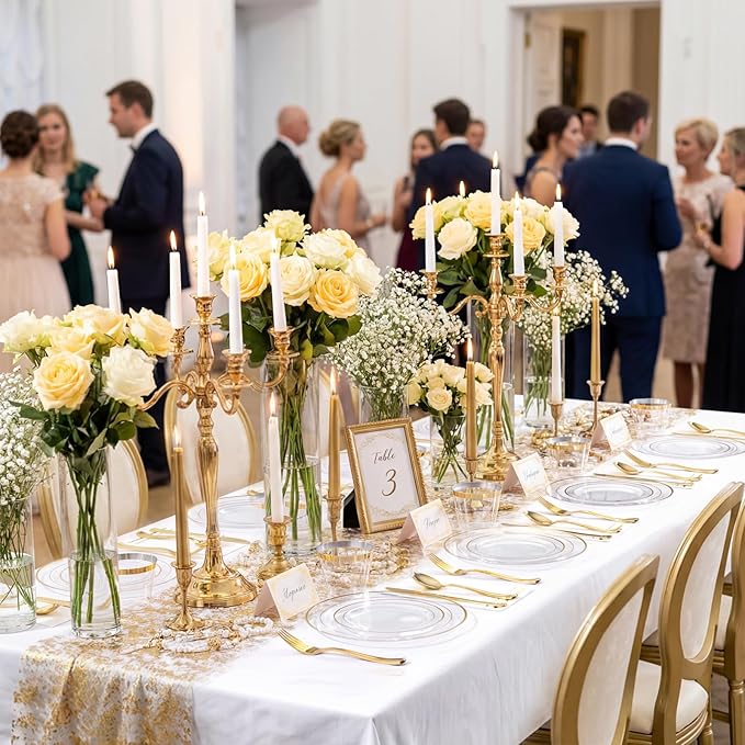 GATHER 350PCS Clear Gold Plastic Plates - Disposable Gold Dinnerware Sets Includes 100 Gold Rim Plastic Plates, 150 Silverware, 50 Napkins, 50 Cups for Party, Wedding