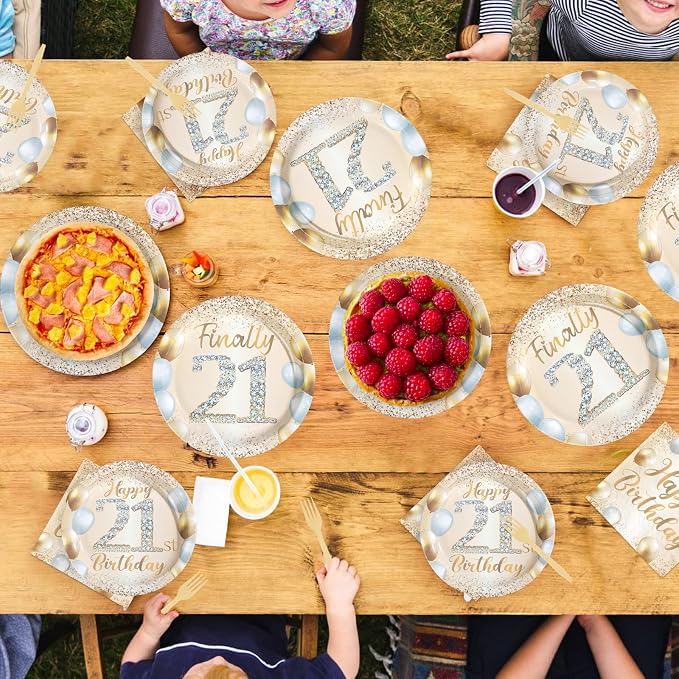 96Pcs Happy 21st Birthday Decorations Sweet 21 Plates and Napkins Tableware Sets White and Gold Glitter Twenty-one Birthday Decorations for Girls Boys 21 Years Old Birthdays Party Supplies Serves 24