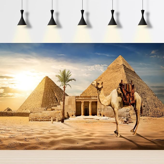 Egypt Pyramids Backdrop Ancient Egyptian Pyramid Camel Photography Background Giza Desert Scene Coconut Tree Sunset Sky Scenery Backdrops Egypt Party Supplies Studio Photo Shoot Props 10x6.5ft