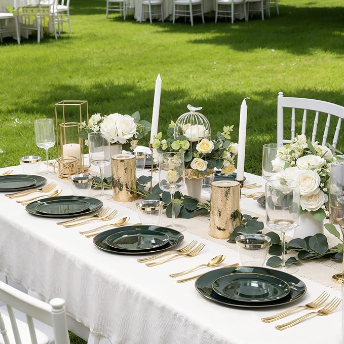 WDF 150Pcs Green Plastic Plates - Green Plates Disposable with Gold Rim - 25Guest Disposable Dinnerware Include 50 Plastic Plate, 75 Gold Cutlery & 25 9oz Cups for Wedding/Party/Birthday