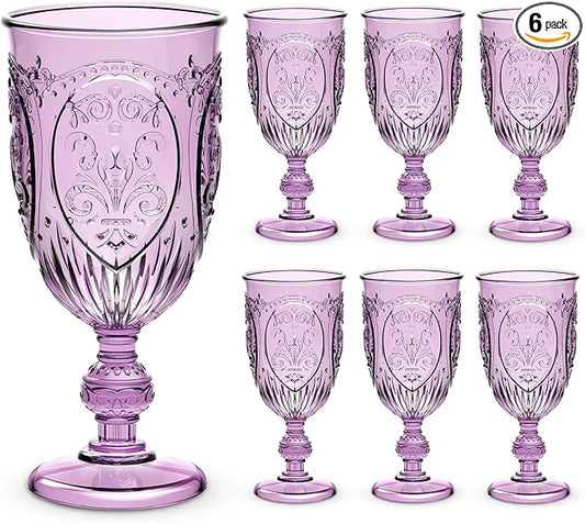 Wiwiqing 6 Pcs Plastic Goblets 7.5oz Vintage Goblet Plastic Wine Glasses Colored Retro Embossed Water Goblets for Wine Bar Juice Baby Shower Wedding Reception Grand Event Party (Purple)