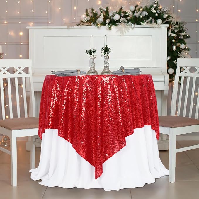 Poise3EHome Red Sequin Tablecloth 90×90 Inch Square Sequin Fabric Table Cover Overlay for Valentine Christmas Baby Shower Birthday Party Wedding Holiday Cake Table Decoration