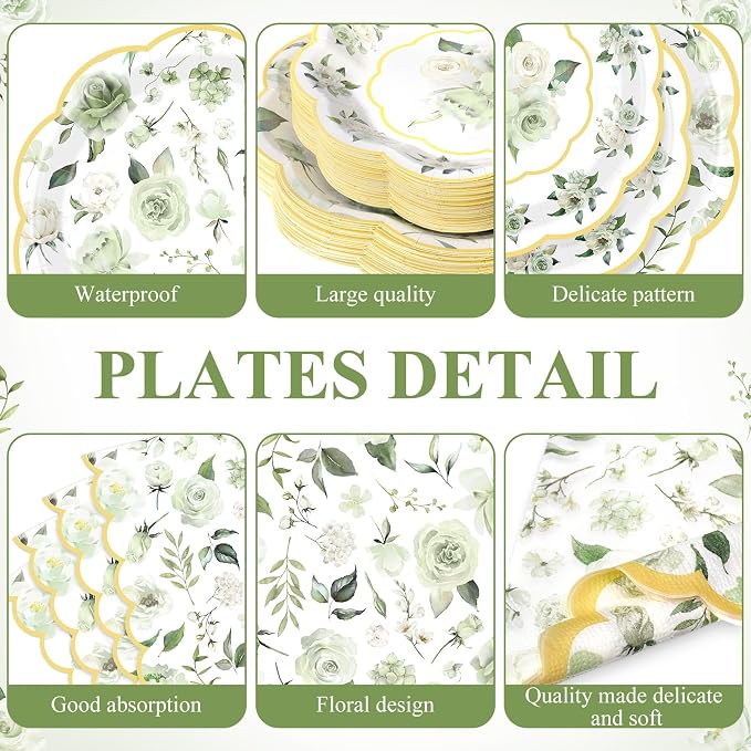 Funnymoom 250 Pcs Floral Party Decorations Flower Paper Plates Napkins and Cups Green and Gold Floral Disposable Tableware Set for Bridal Shower Baby Shower Wedding Spring Tea Party Supplies Serves 50