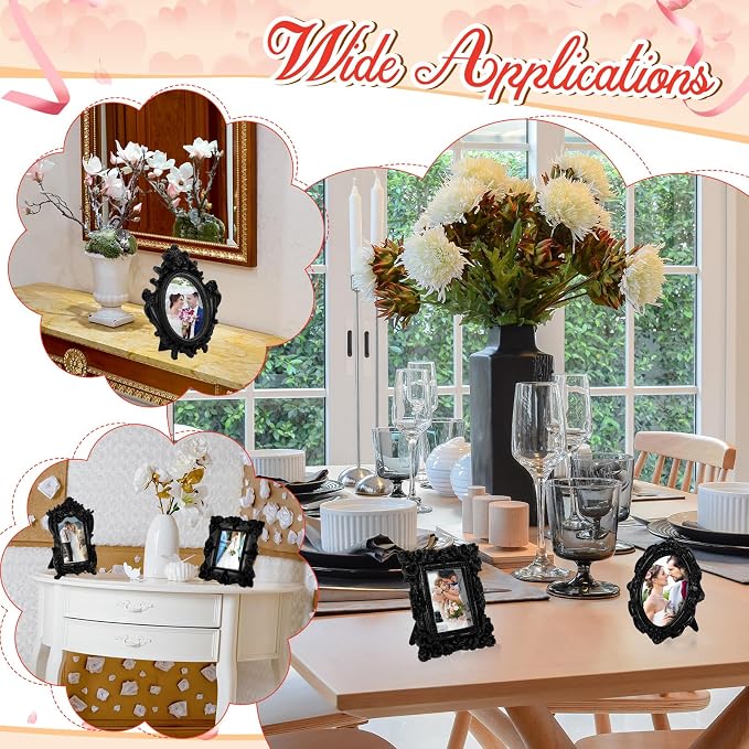 Maitys 10pcs Mini Picture Vintage Frames with Stands Tiny Antique Photo Baroque Ornate Resin Oval Frame Table Top Display Home Wedding Decor (Black)