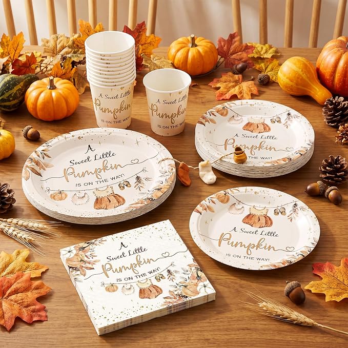 168 Pcs Fall Baby Shower Decorations Pumpkin Cloth Party Supplies A Sweet Little Pumpkin Is on the Way Tableware Set Disposable Paper Plates Cups Utensils for Baby Shower Party Serve 24