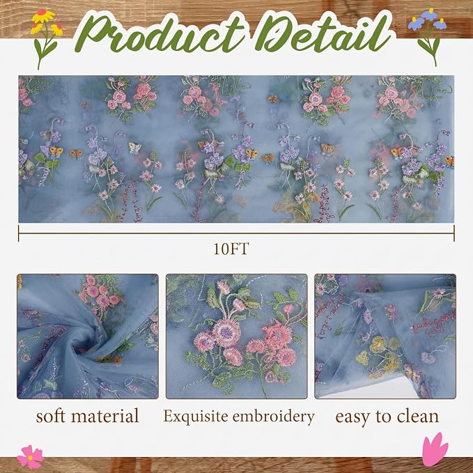 Blue Floral Table Runner 10ft Embroidery Tulle Spring Wildflower Table Runner Seasonal Summer Butterfly Kitchen Dining Gauze Decoration for Wedding Baby Shower Birthday Party (1 Pcs)