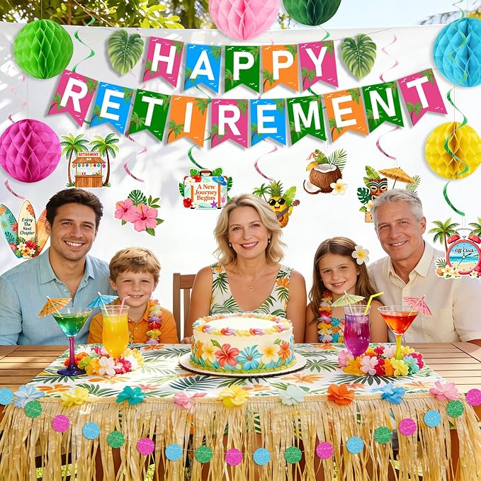 Luau Hawaiian Retirement Party Decorations for Men Women Tropical Happy Retirement Banner Honeycomb Balls Hanging Swirl Circle Dots Garland Beach Summer Retirement Party Supplies