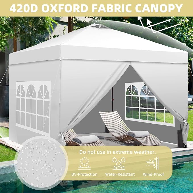 GDY 12x12ft Pop Up Canopy Tent with 4 Sidewalls, with Center Lock, 3-Level Height Adjustment, Wheeled Bag, for Gardens, Poolside, or Patio Lounge Spaces, White