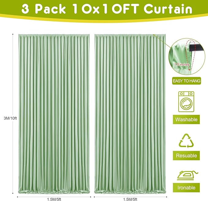 Wokceer Sage Green Backdrop Curtain for Wedding Parties 3 Pack 10x10FT Wedding Curtains Photo Backdrop Drapes Polyester for Photoshoot Baby Shower Birthday Party Background 6 Panels 5x10FT