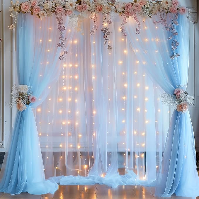 10x10ft Baby Blue Tulle Backdrop Curtain with Lights String for Parites, Sheer Photo Backdrop Curtain Drapes for Wedding Baby Shower Bridal Shower Birthday Party Photo Shoot Decorations
