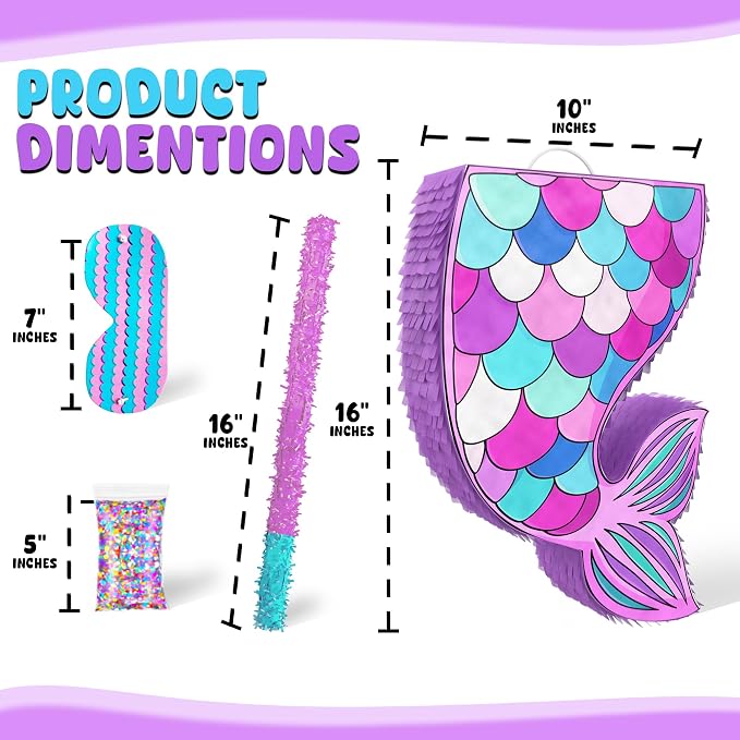 Jergrim Mermaid Piñata Tail For Birthday Girl Decorations, Small 4 Piece Set, Great For Sea Mermaid Party Mermaid Birthday Decorations, Ocean Sirenita Theme Party Supplies Fits Piñata Candy/Favors