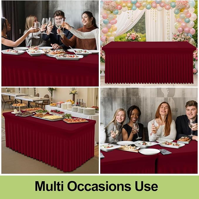 Smiry Spandex Tablecloth 2 Pack, Elastic Fitted Stretch Tablecloth for 8FT Rectangle Tables, Waterproof Washable Table Cover Skirt for Outdoor, Wedding, Banquet & Parties (Wine Red, 96Lx30Wx30H Inch)