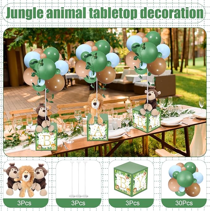 Lenwen 3 Sets Jungle Animal Decoration for Baby Shower Letter Boxes Baby Shower Table Centerpiece Stuffed Animals Balloon with Stand Plush Boxes for Party(Cute,Lion, Monkey)