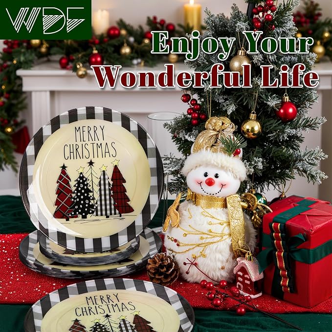 WDF 24Pack Christmas Plastic Plates - Heavy Duty Christmas Tree Plates - Disposable Checkered Plate Ideal for Party