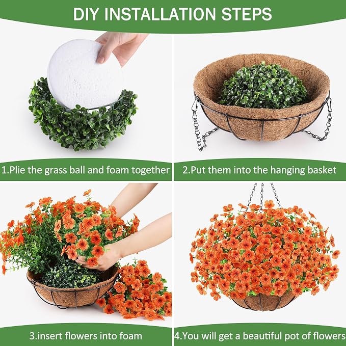 AGIRL Artificial Hanging Flowers with Baskets for Outdoors,UV Resistant Fake Hanging Plants for Outdoor Porch Patio Garden, Realistic Silk Flowers for Spring Summer Home Decor(Orange)