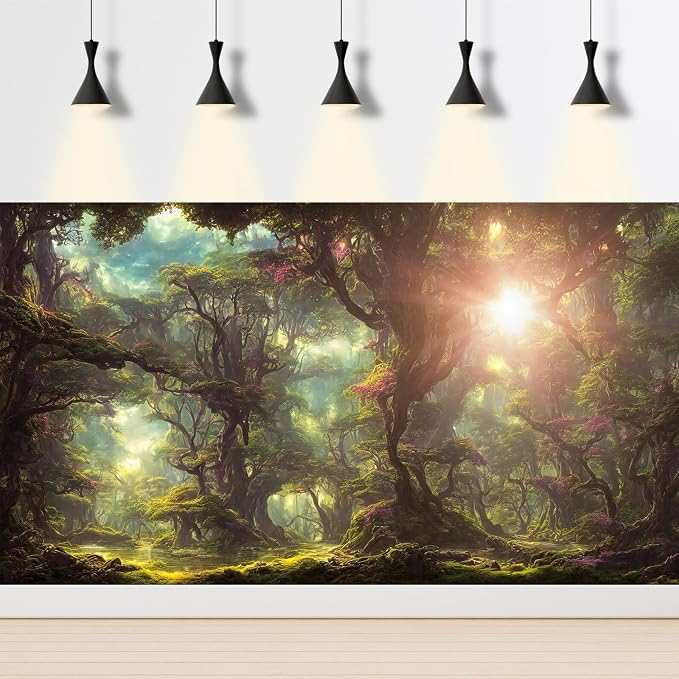 Fantasy Forest Backdrop Fairytale Forest with Sunbeams Fog Photography Background Enchanted Forest Landscape Jungle Style Party Banner Decorations Portrait Photo Studio Props Vinyl 10x8ft