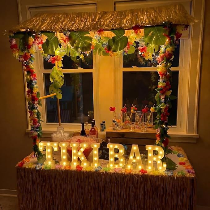 Honoson 7 Pcs Hawaiian Luau Tiki Party Decoration Tiki Bar LED Light Sign Hawaii Summer Tropical Table Lights up Sign for Summer Pool Beach Hawaiian Themed Party Supplies