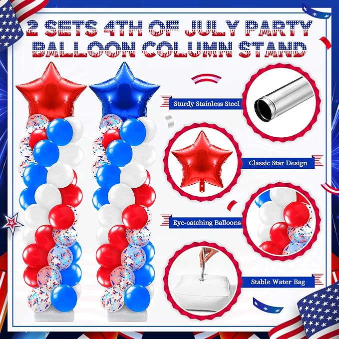 Kasyat 2 Sets 4th of July Balloon Column Stand Kit with Foil Star Balloons Blue and Red White Arch Kit for Floor for Patriotic Memorial Day 250th Anniversary Independence Day Decorations
