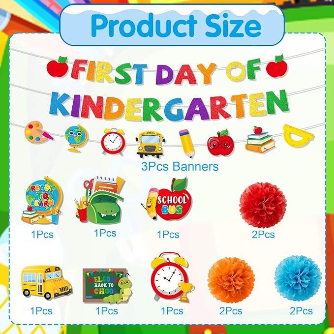 First Day of Kindergarten Decorations - 15PCS First Day of Kindergarten Party Banners Hanging Swirls Paper Pompoms Decor, Back to School Classroom Decor Supplies