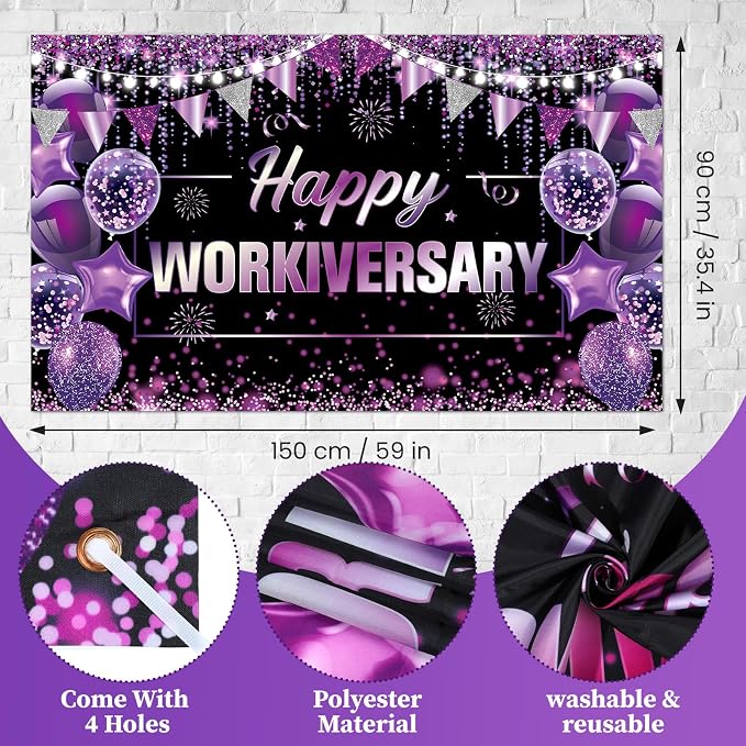 Happy Work Anniversary Decorations Black and Purple Happy Workiversary Banner Honeycomb Centerpieces Hanging Swirls Tissue Paper Pompoms Sash Set for Women Office Employee Worker Appreciation Supplies