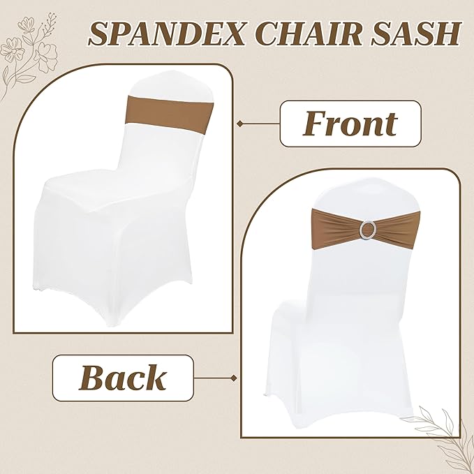 VDS - Mocha | Spandex Chair Sashes Bows | 150 PCS | Stretch Elastic Banquet Universal Folding Chair Band Tie with Silver Buckle Slider for Wedding Party Conference Celebration Event Decoration