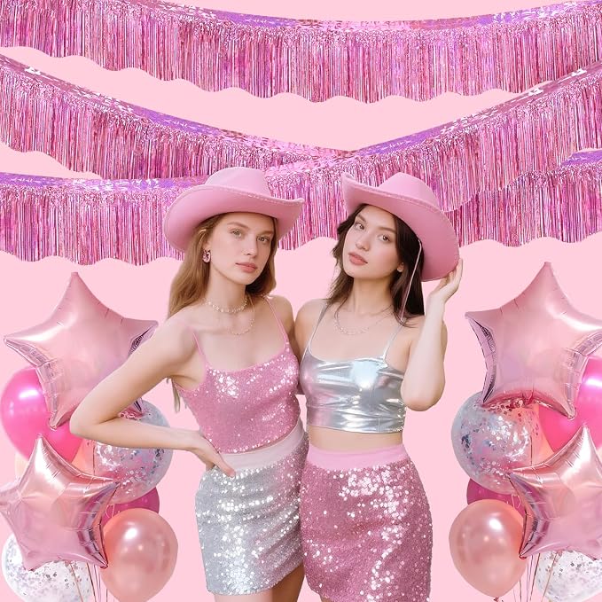 LOLStar Pink Foil Fringe Tinsel Garland, Tinsel Streamers Banner, 6 Pack | 60Ft Metallic Tinsel Streamers Banner, Glitter Photo Booth Props for Wedding, Parade Float, Gender Reveal Party Decor