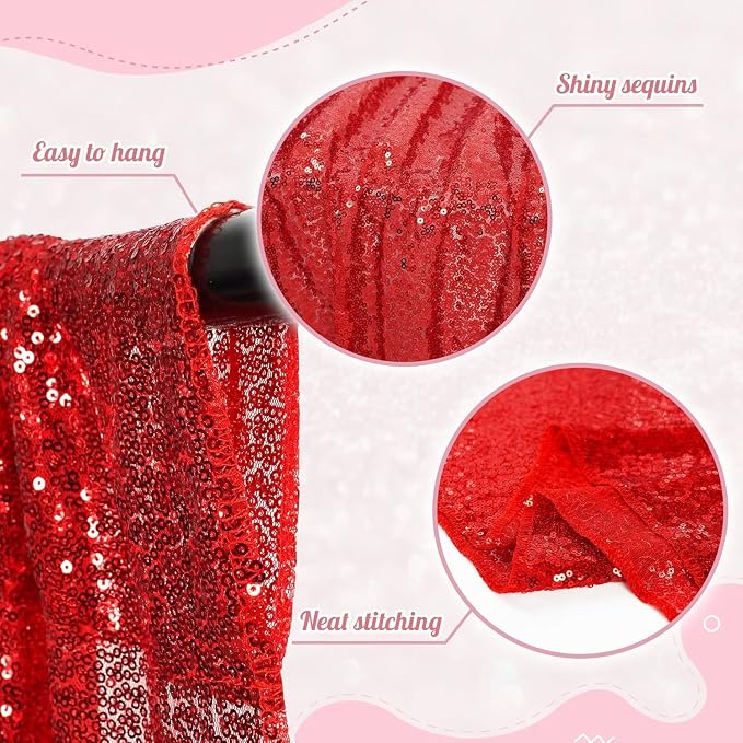 PartyDelight Red Sequin Backdrop Curtains 2x8ft 4 Panels | 3mm stitched sequin curtain with 4 inch rod pocket for 2x8ft 4 panel fuller wall coverage pleated backdrop and 8ft stand