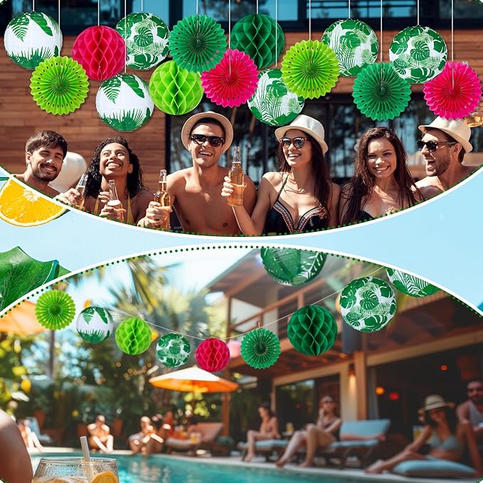 Retisee 18 Pcs Summer Tropical Party Decoration Palm Leaf Hanging Paper Lantern Rose Red and Green Honeycomb Fans Honeycomb Ball for Hawaii Theme Luau Party Ceiling Decor Supplies