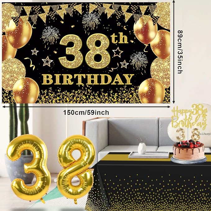 38th Birthday Decorations Men Women with 38th Birthday Banner, Black and Gold Table Cloth, Number Balloons, Large Sash, Cake Topper and Candles