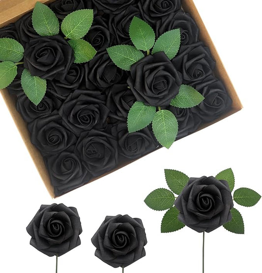 JOYLEX Artificial Flowers Realistic Roses, 50pcs Real Looking Fake Roses with Stem for DIY Wedding Bouquets Centerpieces Bridal Shower Party Home Romantic Decorations (Black)