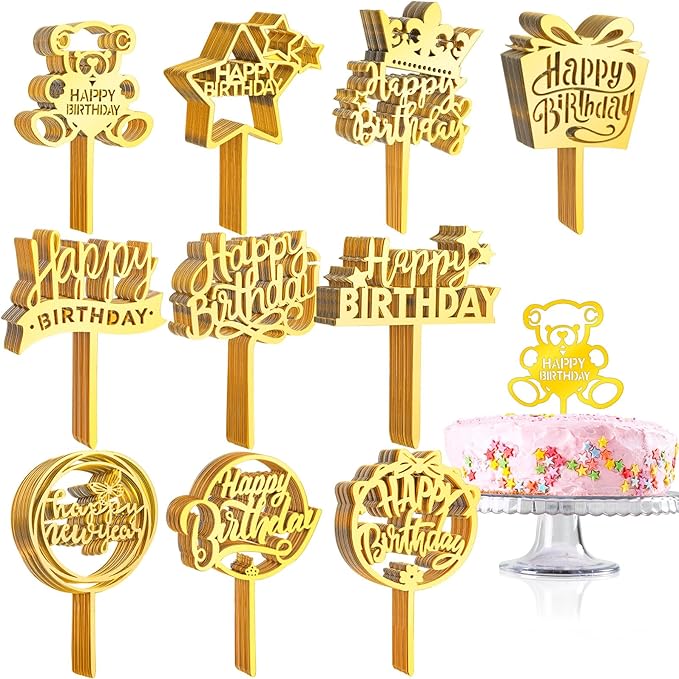 150 Pcs Happy Birthday Cake Toppers Acrylic Cake Topper Glitter Birthday Cake Decorations Double Sided for Adults Various Cake Decoration Party Supplies(Gold,Retro)
