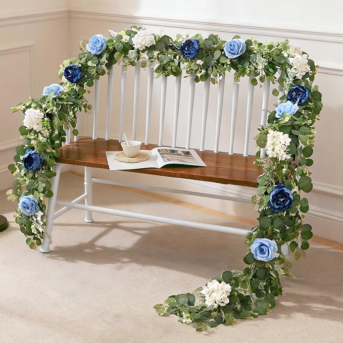 Livole 6 FT Artificial Flower Garland Real Touch Fake Blue Floral Rose Peony Garland with Eucalyptus Flower Hanging Vine for Wedding Table Centerpieces Backdrop Party Arch Home Decorations