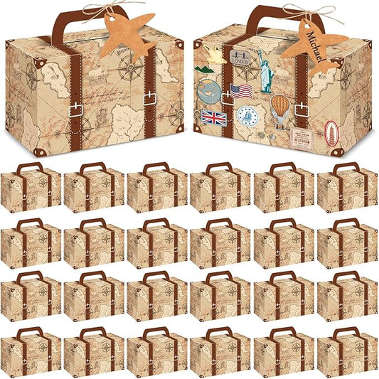 12Pcs Large Suitcase Party Favor Boxes Travel The Map Paper Treat Box with Tags Birthday Supplies Travel Theme Candy Goodie Gift Boxes for Birthday Baby Shower Wedding Vintage Party Table Decoration