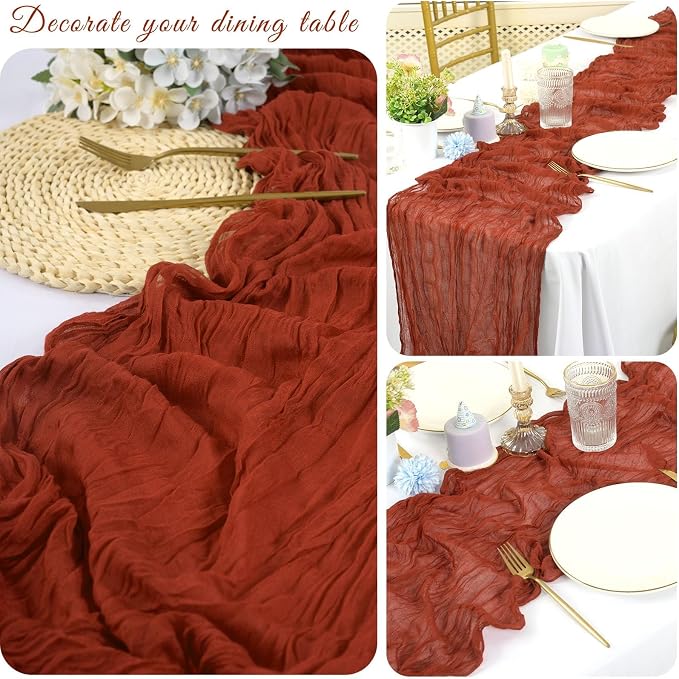 10 Pack Cheesecloth Table Runner 17 x 108 inch Long Boho Gauze Table Runners Semi Sheer Table Runner for Wedding Decor, Baby Shower, Birthday Party, Banquet (Terracotta)