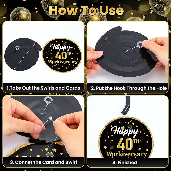 11pcs 40 Year Work Anniversary Decorations Black Gold Happy 40th Work Anniversary Banner Hanging Swirls Employee Appreciation Decorations Supplies 40 Year Workiversary Gifts for Employee Worker