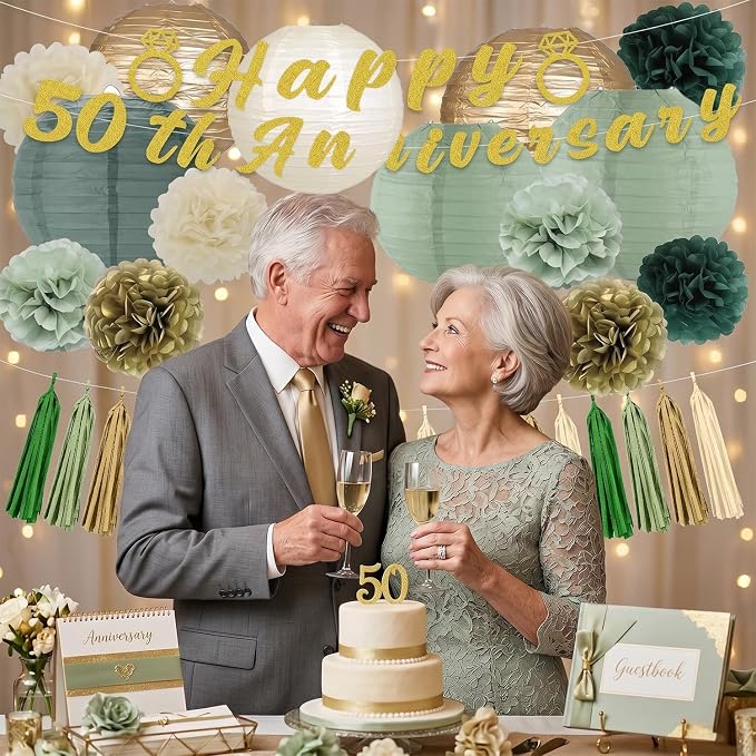 50th Anniversary Decorations, 21PCS Happy 50th Anniversary Party Banners Pompoms Paper Lanterns Tassels Decor Set, Cheers to 50 Years Wedding Celebration Party Supplies for Dad Mom