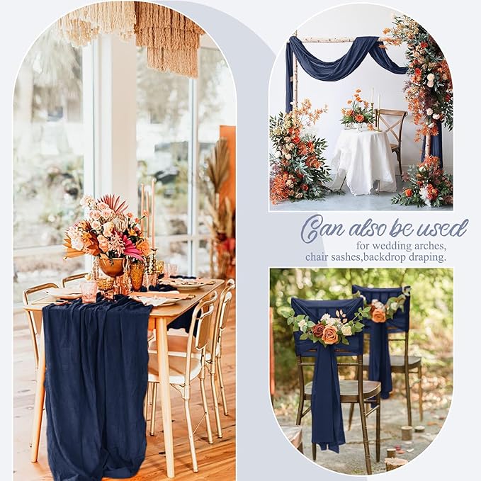 12 Pack Navy Blue Cheesecloth Table Runner, 10FT Cheesecloth Rustic Boho Table Runner Long Romantic Semi Sheer Table Runner for Wedding Birthday Bridal Shower Party Decorations(21.5×120 Inch)