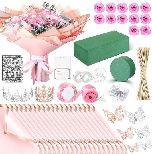Maysing Money Bouquet Kit 12 Pcs Glitter Roses 20 Sheet Flower Wrapping Paper DIY Flower Bouquet Floral Foam Blocks Sticker for Anniversary Birthday Mother's Day Graduation(Pink+rose Pink)