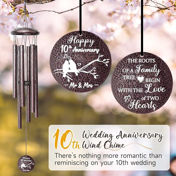 Anniversary Wind Chimes Gifts for Men Women, Happy Anniversary Decorations, 25" Wind Chimes Romantic Gift for Couple, Parents, Wife, Husband, Friends (10th