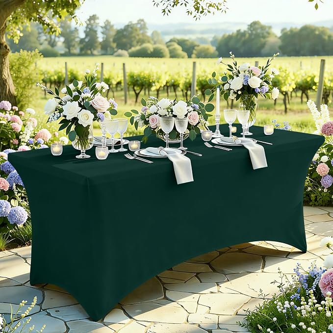 Moosfor Spandex Elastic Fitted 6FT Rectangle Tablecloth 6 Pack, Stretch Washable Reusable Table Cover for Outdoor Picnic, Dining, Wedding, Banquet & Party Events (Hunter Green, 72Lx30Wx30H Inch)