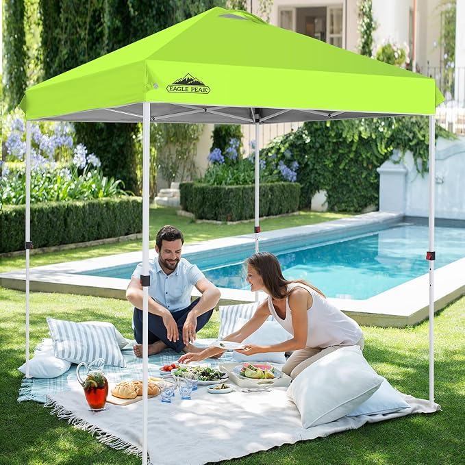 EAGLE PEAK Pop Up Canopy Tent with Wheeled Carry Bag, 8 Stakes, 4 Ropes, Easy Set Up Tent Canopy, 6.6x6.6 ft, Neon Green