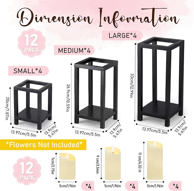 Sliner 24 Pcs Wedding Lantern Centerpiece Set Include 12 Rustic Wooden Candle Lantern 12 Flameless Candle for Wedding Party Baby Shower Table Fireplace Farmhouse Home Decoration(Black)