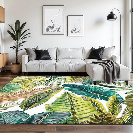 6' x 9' Tropical Leaf Rug Summer Jungle Botanical Floor Mat Nature Forest Plant Palm Carpet Living Room Bedroom Porch Nursery Doormat Room Decor, Green and Yellow
