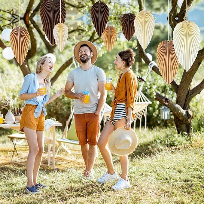 SUNBEAUTY Boho Paper Fans Party Decorations Paper Leaves for Decoration Natural Party Decorations Paper Fans Classroom Decoration Paper Fans Backdrop Decor Brown Birthday Decorations,Set of 9