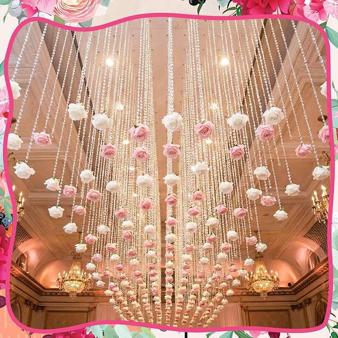 Norme 16pcs 31.4 Inch Wedding Rose Hanging Garland Crystal Beaded String Garland Artificial Rose Flower Decor for Wedding Engagement Bridal Shower Party Valentine's Day Party Decorations
