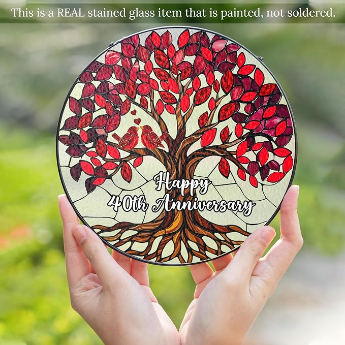 40th Wedding Anniversary Stained Glass Suncatcher, Ruby Anniversary Wedding Gifts, 6x6' Window Hanging for Couple, Wife, Husband, Parents – Unique 40th Anniversary Decorations Gifts