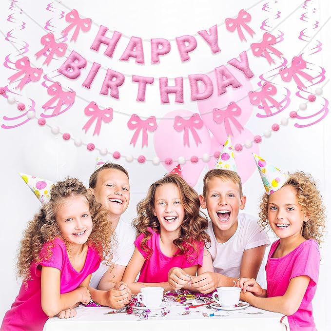 Pre-Strung Pink Bow Birthday Decorations, Reusable Coquette Party Decorations with Wool Felt Happy Birthday Banner, Bow and Felt Ball Garland for Girls Women Baby Shower Pink Bow Theme Decor