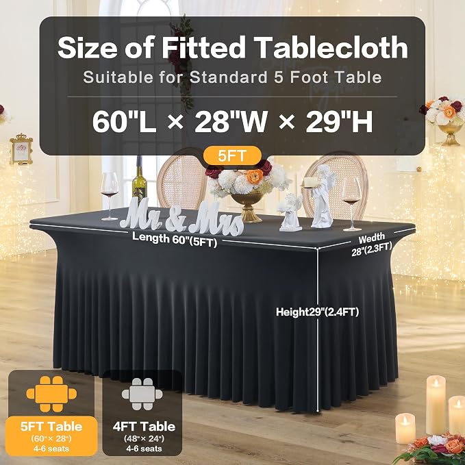 leegleri 2 Pack Black Spandex Fitted Table Clothes for 5 Foot Rectangle Tables, Wrinkle Free 5ft Stretch Table Cover, Spandex Table Skirt for 5FT Rectangle Tables-for Banquet Weddings Parties