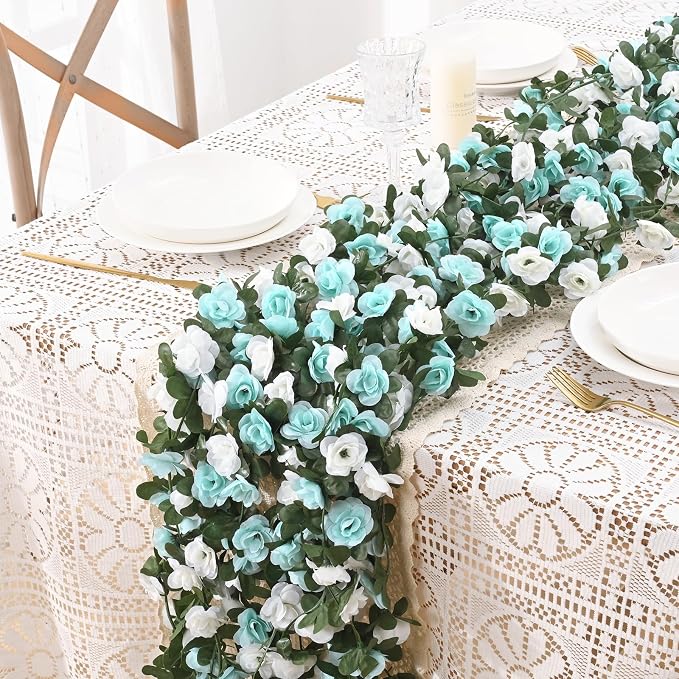 BLEUM CADE 12Pcs 98.4Ft Flower Garland Artificial Rose Vines with 98.4Ft String Lights, Cute Fake Hanging Flower Vines Floral Garland Decorations for Wedding Party Wall Room Decor Aesthetic