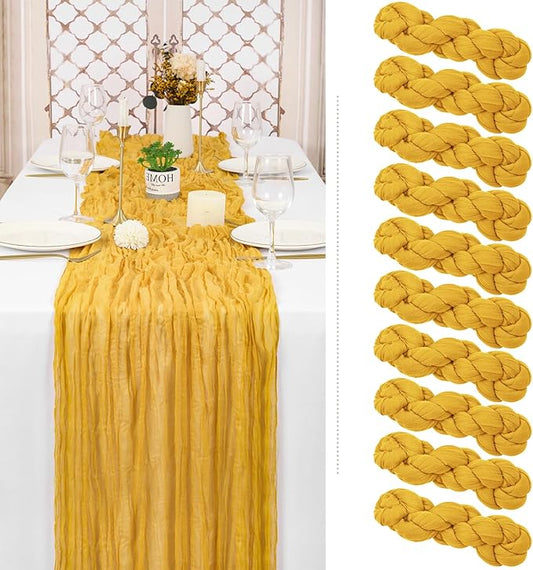Showgeous 10 Pack Mustard Cheesecloth Table Runner Gauze Table Runner 10FT Long Semi-Sheer Table Runner Boho or Rustic Wedding Table Decor for Wedding Decor Arch Draping Bridal Shower Holiday Party